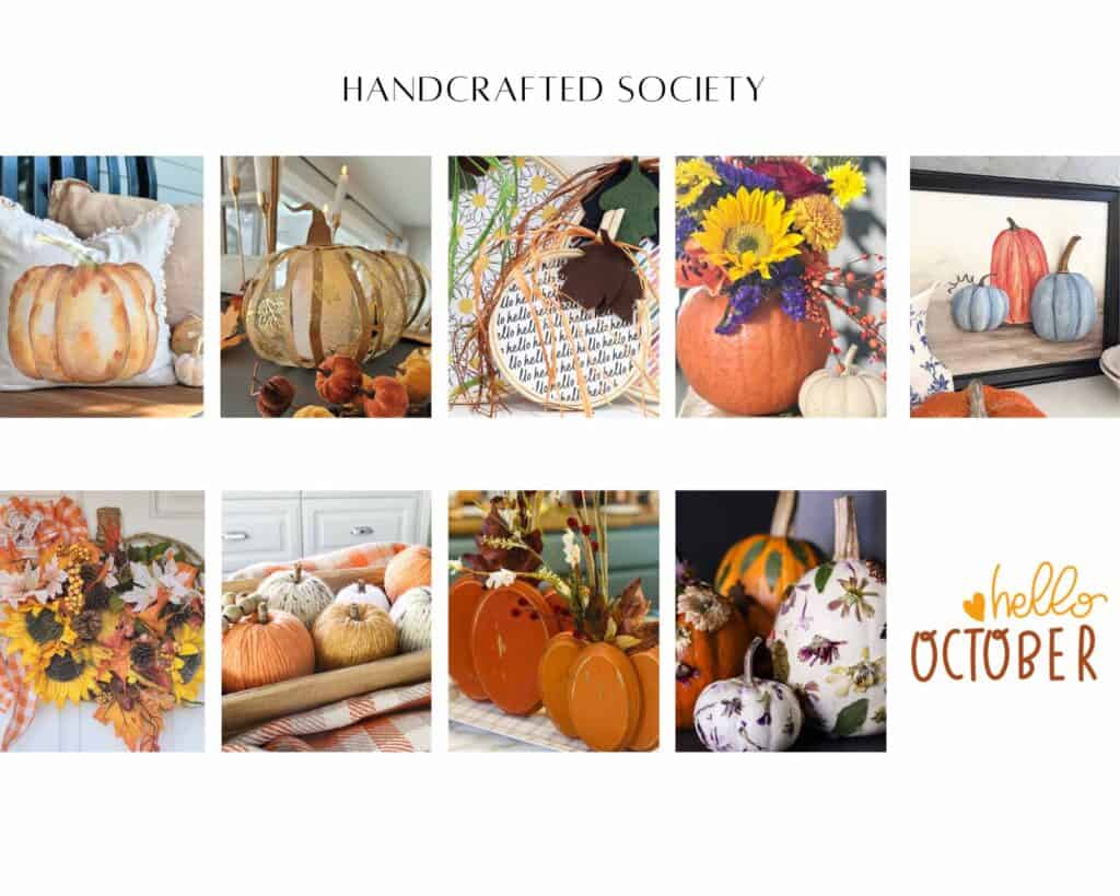 Pinterest Pin for Hand Crafted Society October 3rd.  9 images of pumpkin craft ideas for fall. 