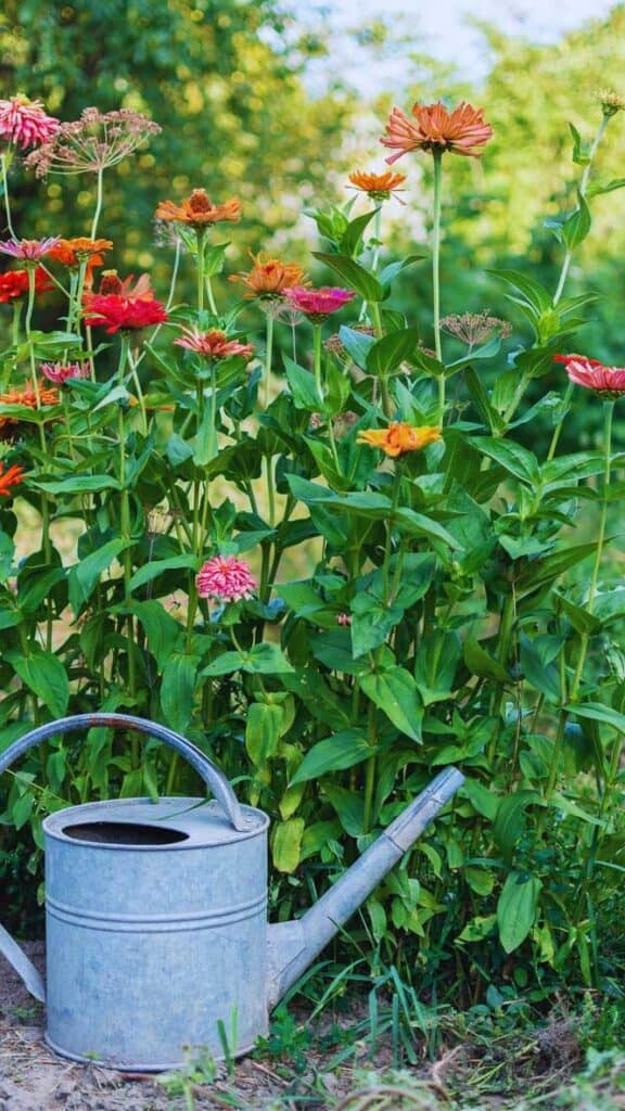 A Garden of fresh zinnias growing in the ground with a galvanized watering can sitting next to them.