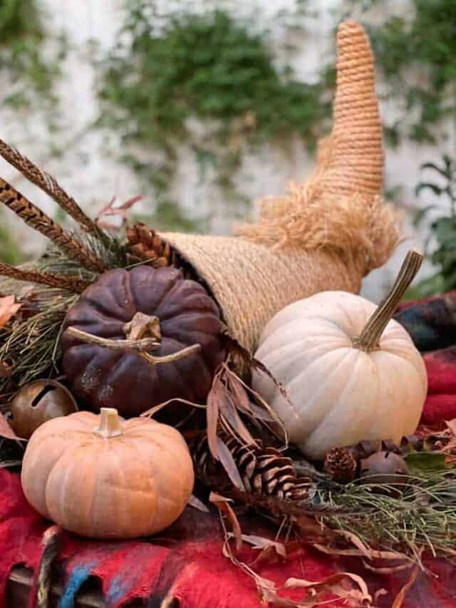 DIY Rope cornucopia filled with pumpkins as a Thanksgiving Centerpiece.