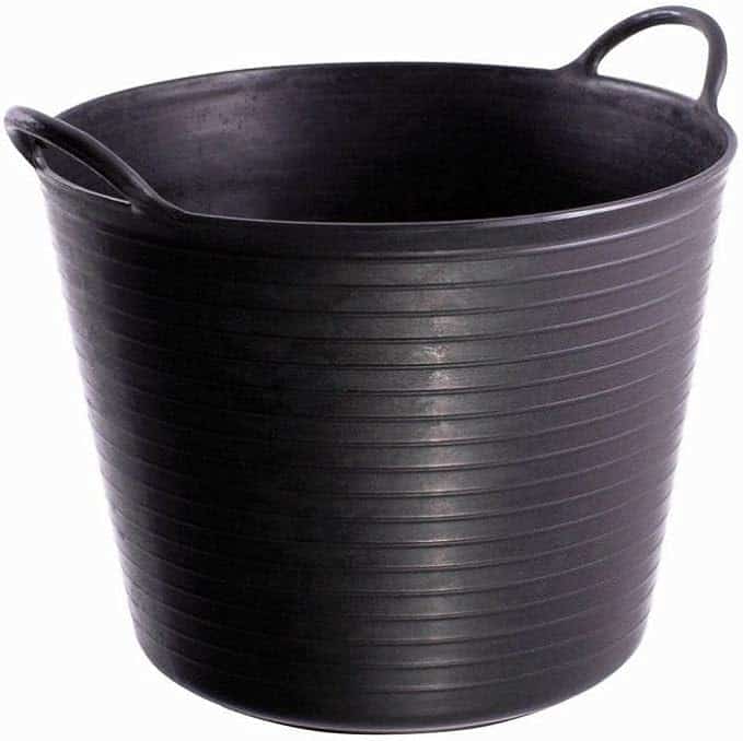 A black rubber tub to collect spent flowers 