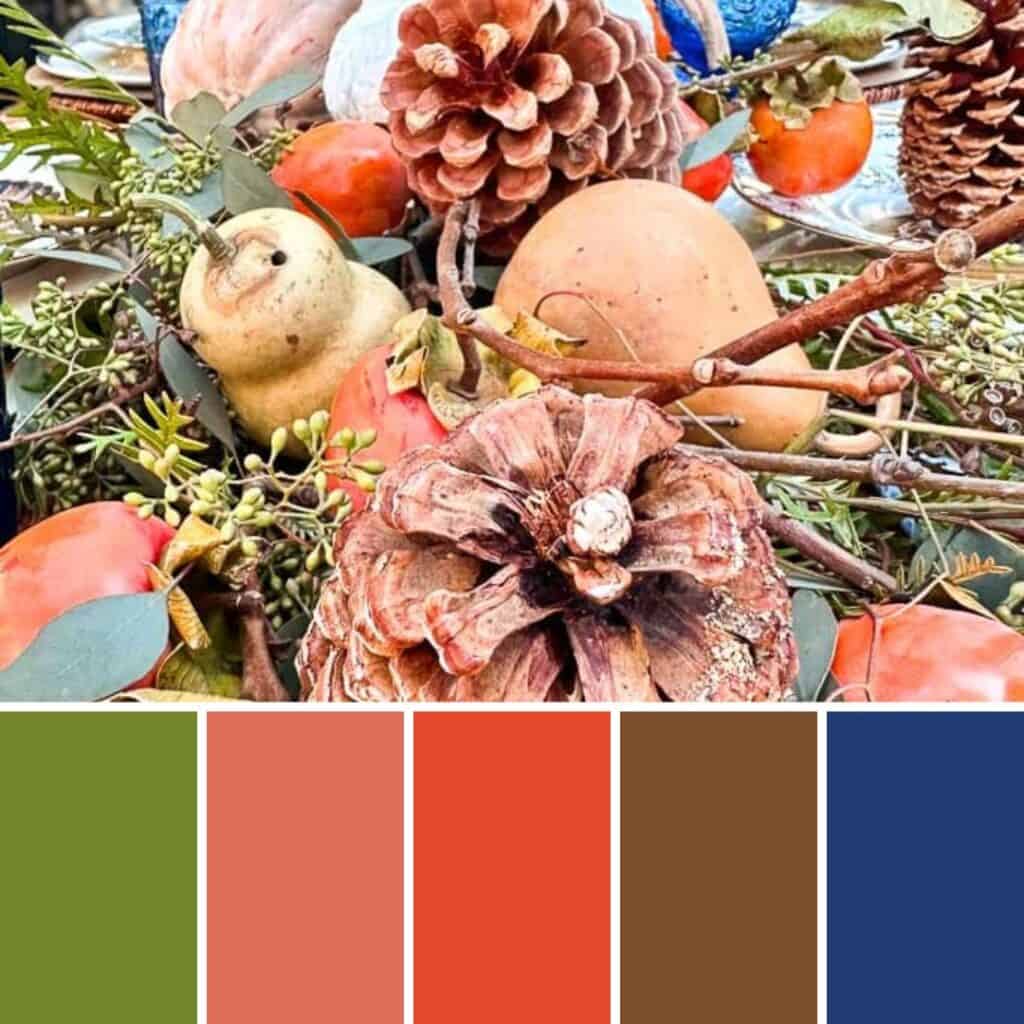 Color palette of blue and orange for a Thanksgiving table. Blue and Orange Thanksgiving Table Decor Ideas