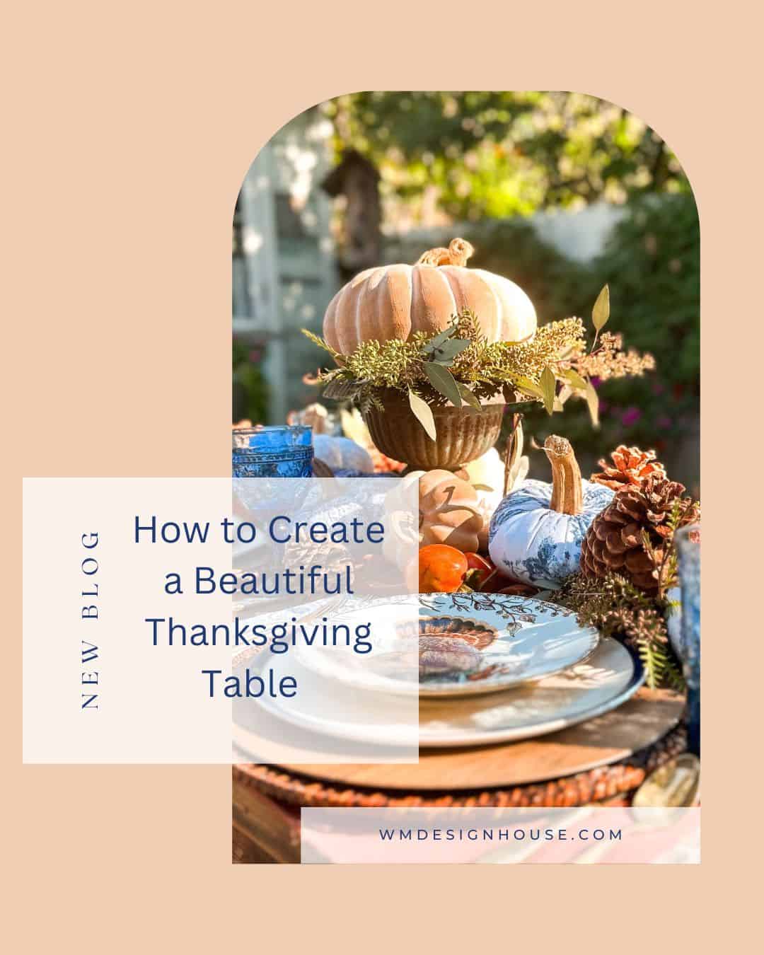Fall table for Thanksgiving with blue and orange decor.