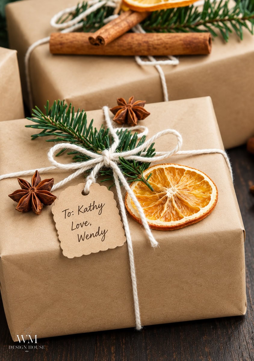 Gift box wrapped in brown paper tied with white twine, decorated with a sprig of pine, star anise, and dried orange slices, with a gift tag reading “To: Kathy, Love, Wendy.”.