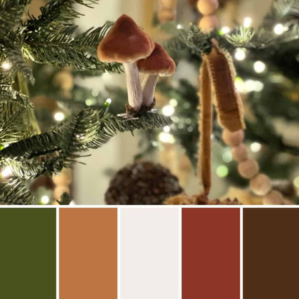 Color Palette for a naturally inspired Christmas with green, gold, ivory, rust, and brown. 
