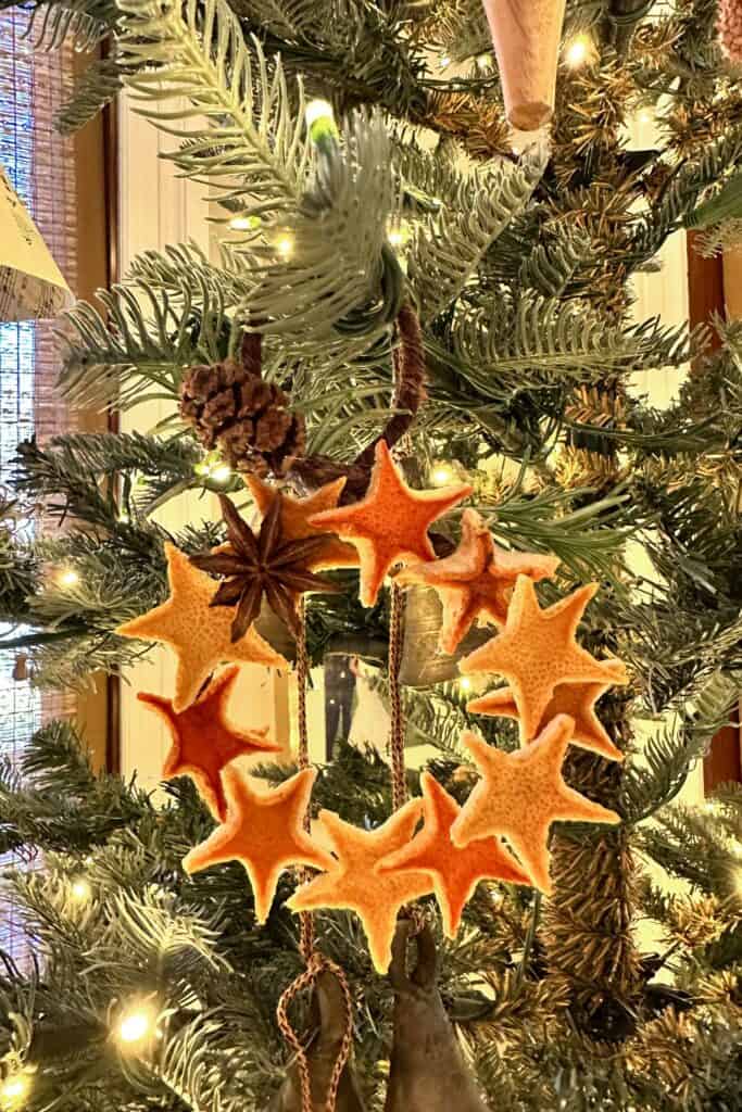 Orange stars cut for an orange rind create a Christmas tree wreath ornament.