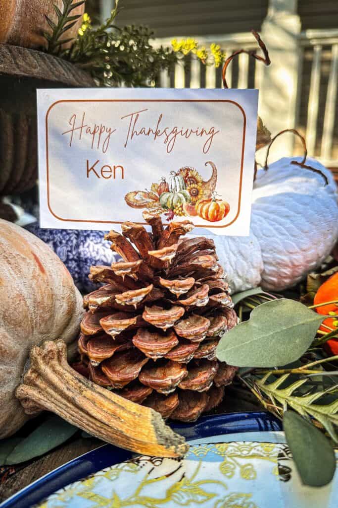 Name card placed in a pinecone on a Thanksgiving table.