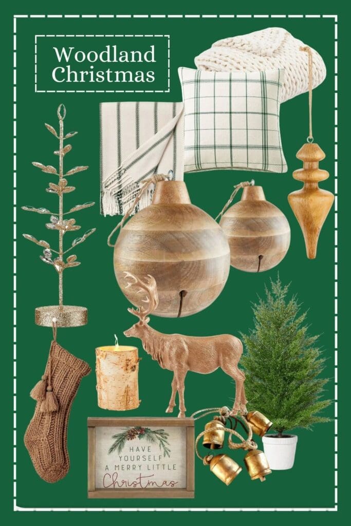 Woodland Christmas collage with ornaments, blackets, pillows and other Christmas decorations