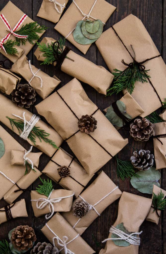 Christmas packages wrapped in brown paper 