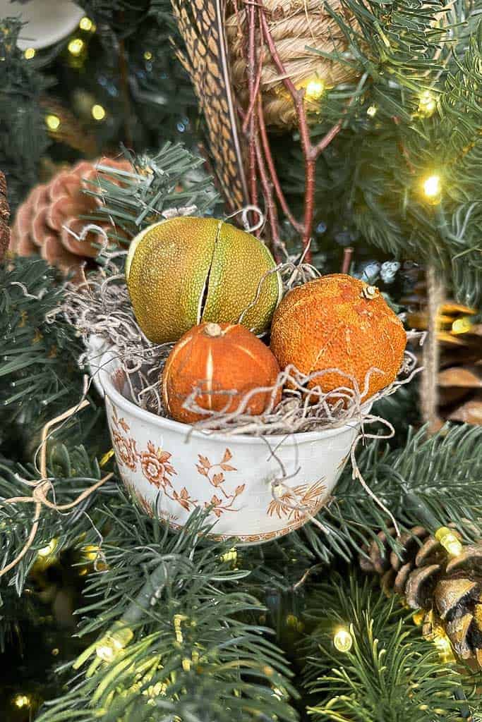 Dried oranges arranged in a tea cup with moss hanging on the Christmas Tree.