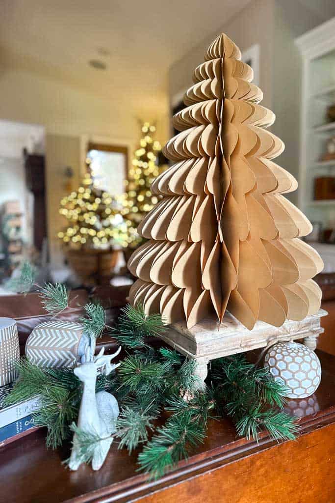 large paper christmas tree as decor in the family room