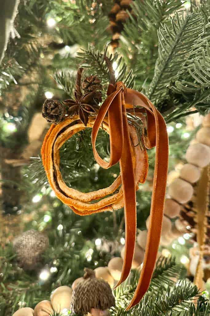Wreath ornament made with dried orange rinds. 
