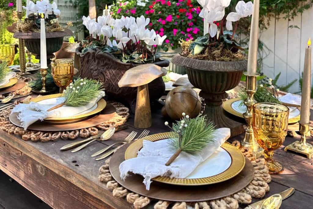 A rustic tablescape outdoors with neutral colors. 
