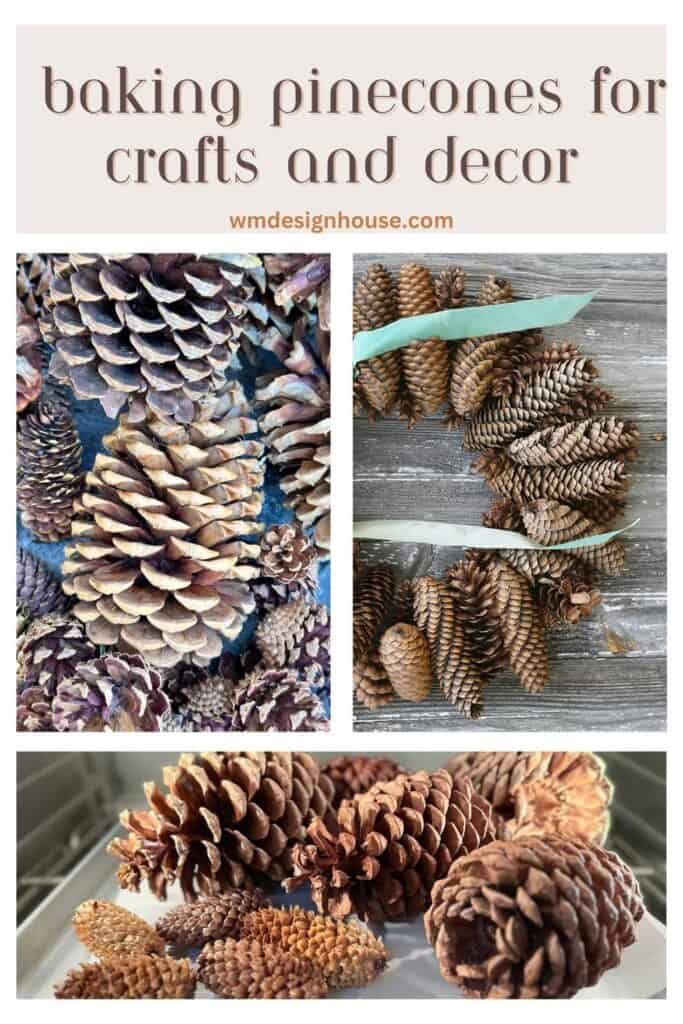 Pinterest pin for how to bake pinecones. Images of pinecones and a pinecone wreath. 