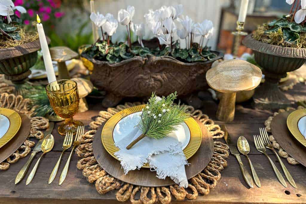 Green and gold table setting for a rustic Christmas tablescape. The centerpiece is a vintage urn filled with white cyclamen.
