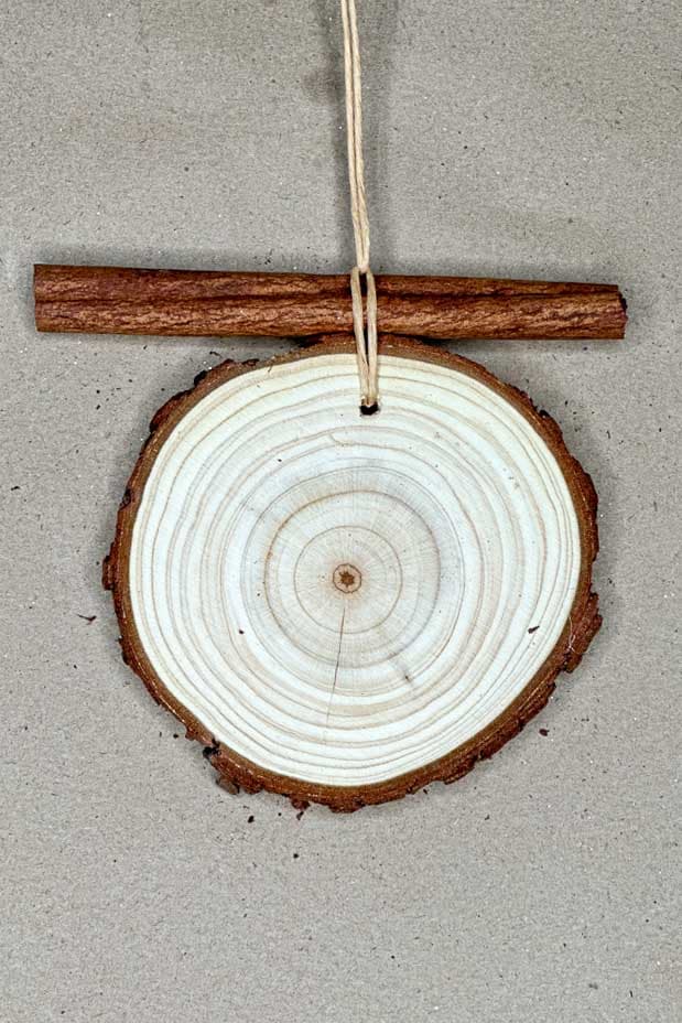 Small wood slices and cinnamon sticks are being used for ornament-making with dehydrated orange slices.