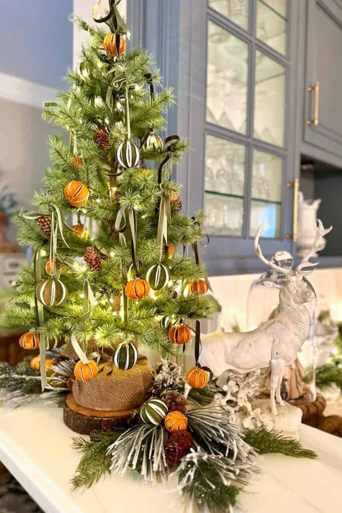 A Small Christmas tree in the butler's pantry with whole dried oranges hanging on it. 