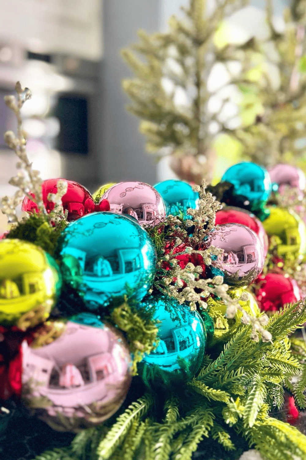 Bright colored Christmas Ornament centerpiece 