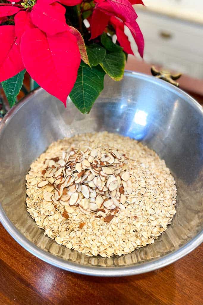 Dry ingredients in a bowl for making vanilla almond granola 