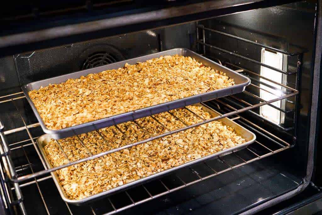 Homemade Vanilla Almond granola in the oven roasting.