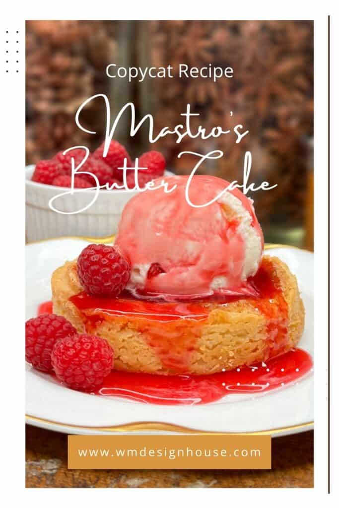 Pinterest pin of butter cake with raspberry sauce and vanilla ice cream. 