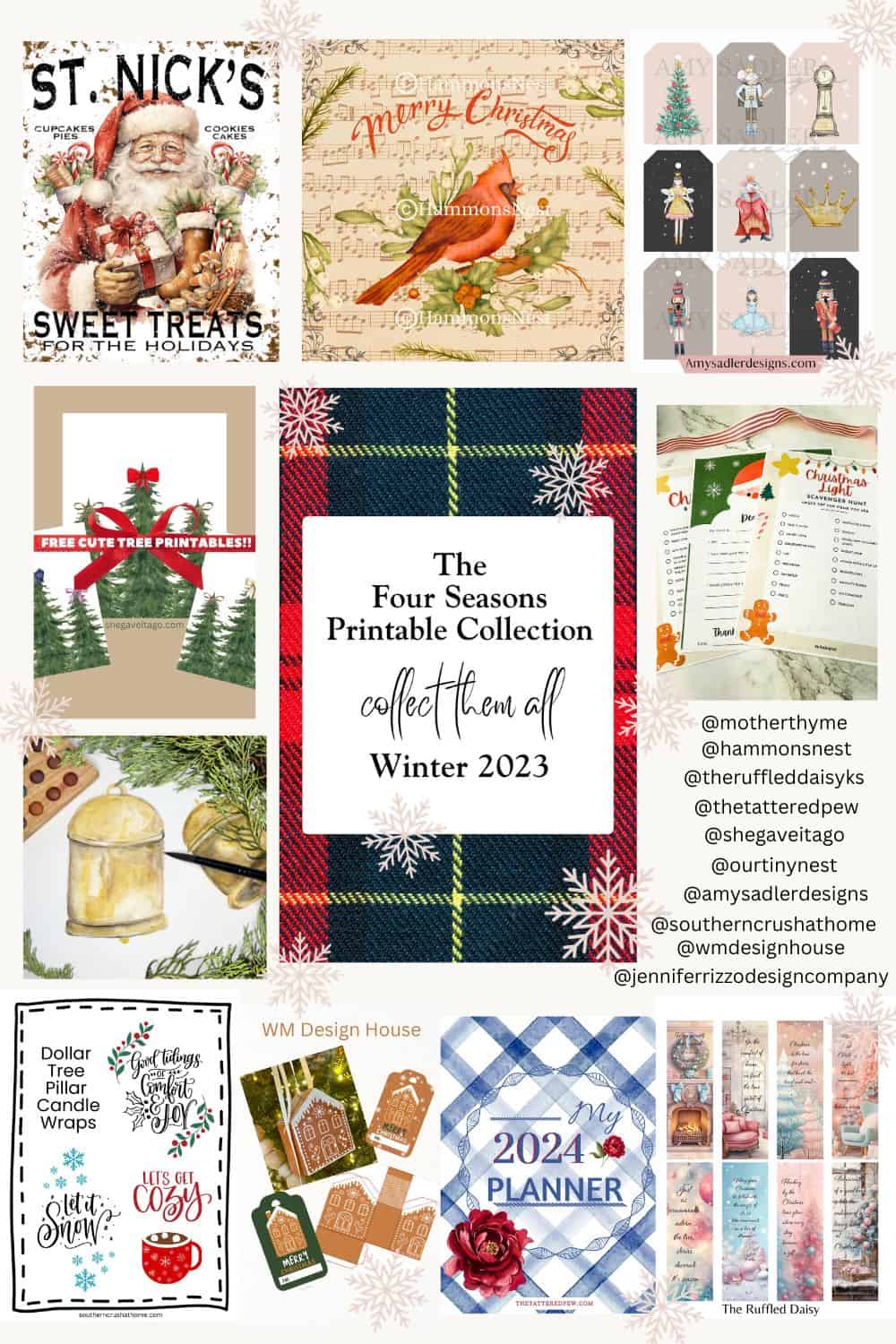 Ten images of free winter printables for Christmas and 2024. 