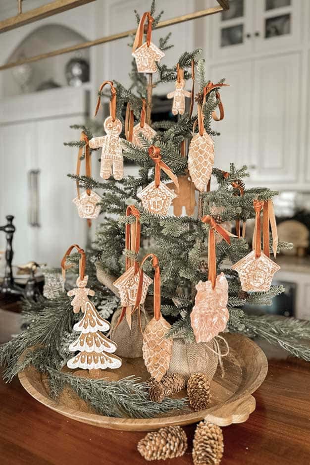 Kitchen gingerbread tree with air dry clay ornaments. 