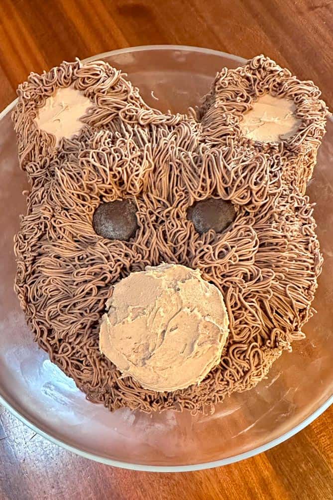 A cake made to look like a bear head. 
