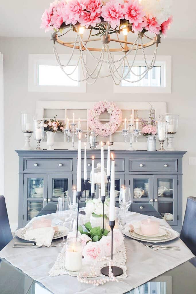 A blue and white dining room decorated for Valentine's Day.
