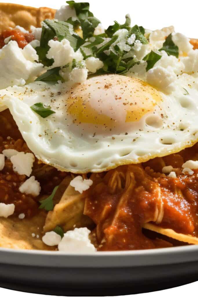 Fried egg on top of a plate of nachos.