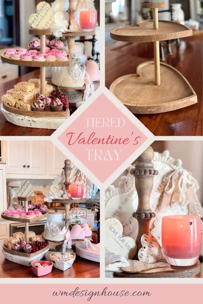 Pinterest pin describing tiered tray decor for Valentine's Day 