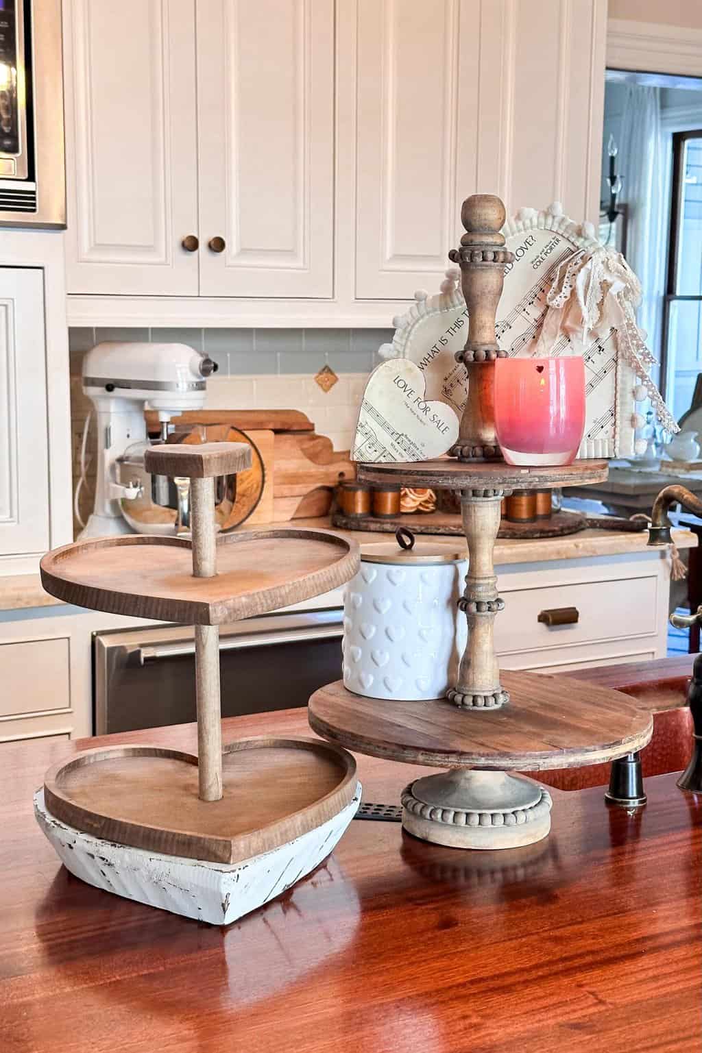 Two tiered trays that are ready to get decorated for Valentine's Day.
