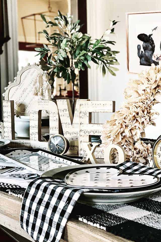 Black and white tablescape for Valentine's Day.
