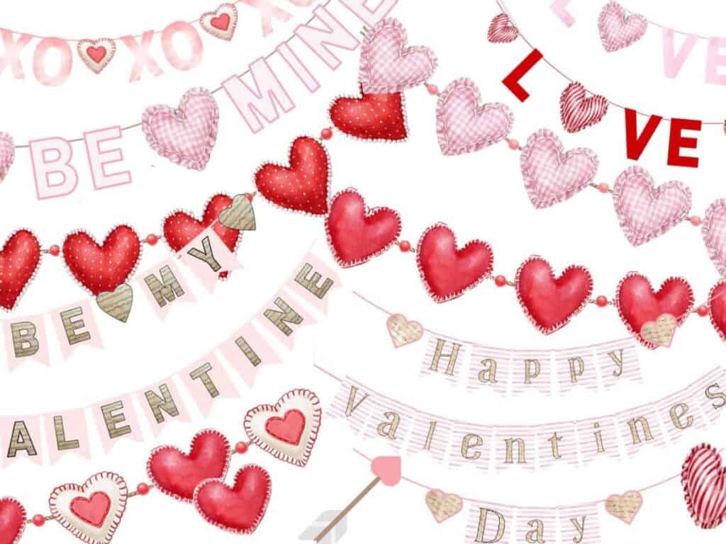 A collage of over 13 different free printable Valentine's day banners.