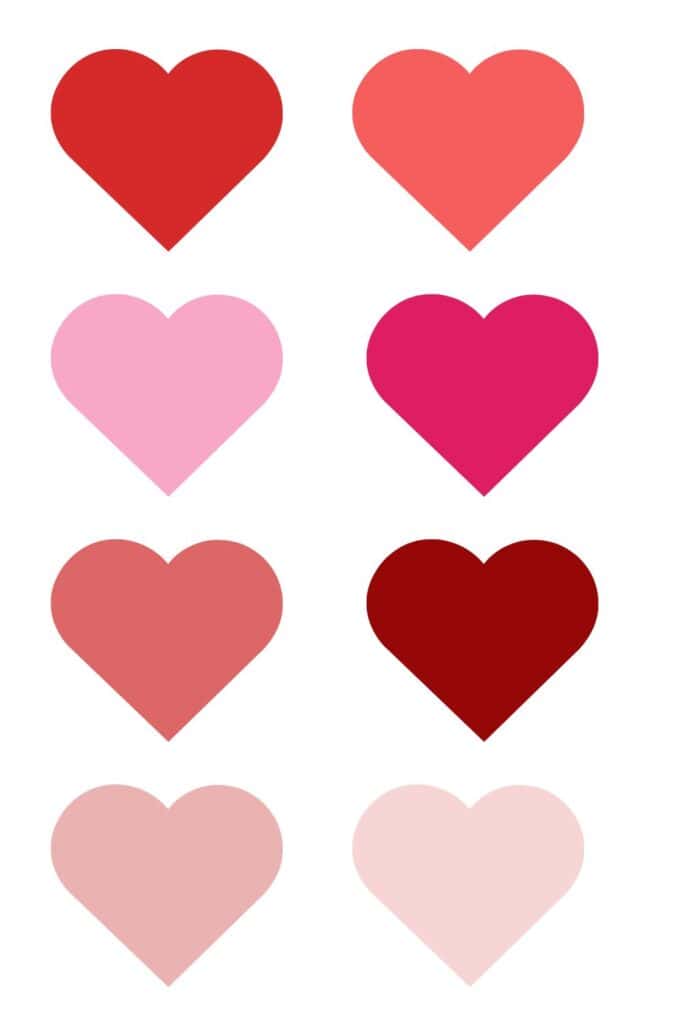 8 hearts in different colors of red and pink 