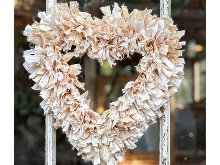 DIY Rag wreath hanging on the She Shed Door.