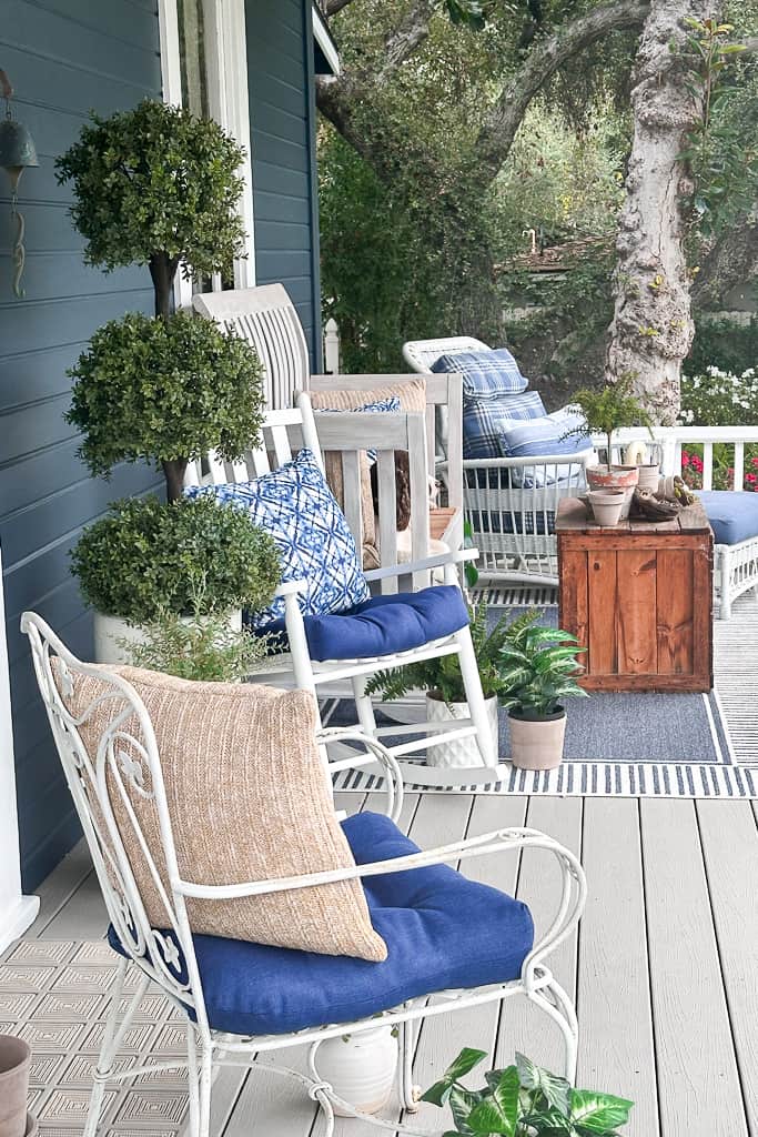 Front porch makeover on a budget with blue and white decor