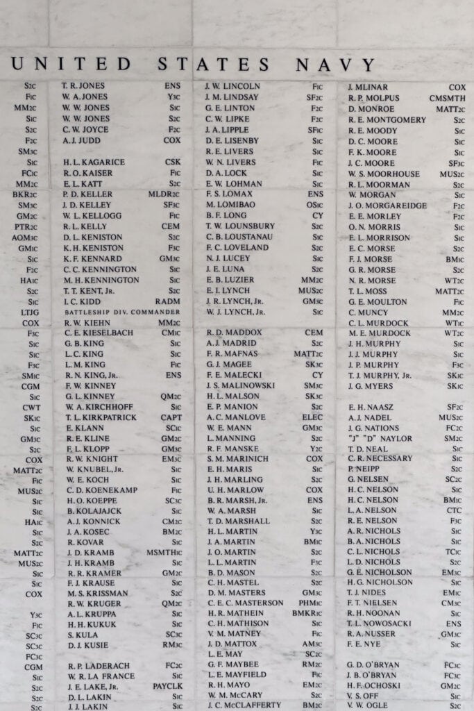 Part of a list of all of the men and women who lost their lives during World War II in Pearl Harbor on DEc. 7, 1941.