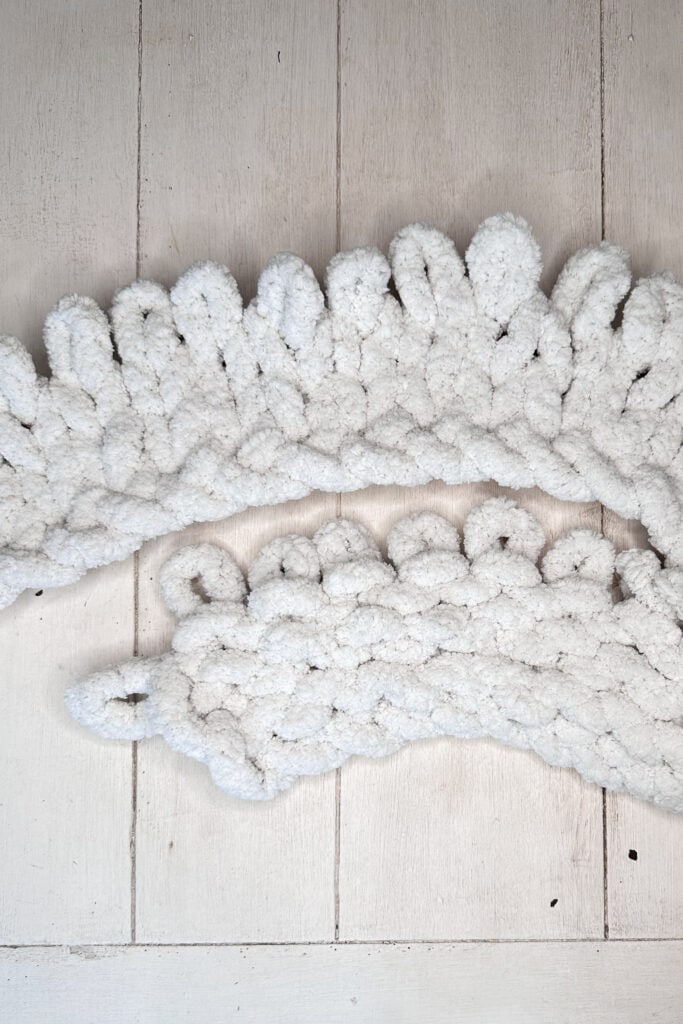 Show both sides of the start of making a DIY hand-crocheted blanket.