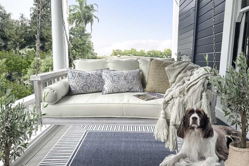 Front porch swing with mollie  the springer spaniel on the porch 