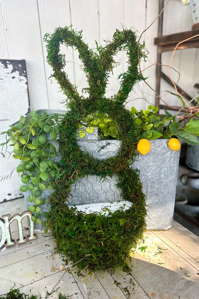 DIY easter wreath made with dollar tree wire frames, then mossed.