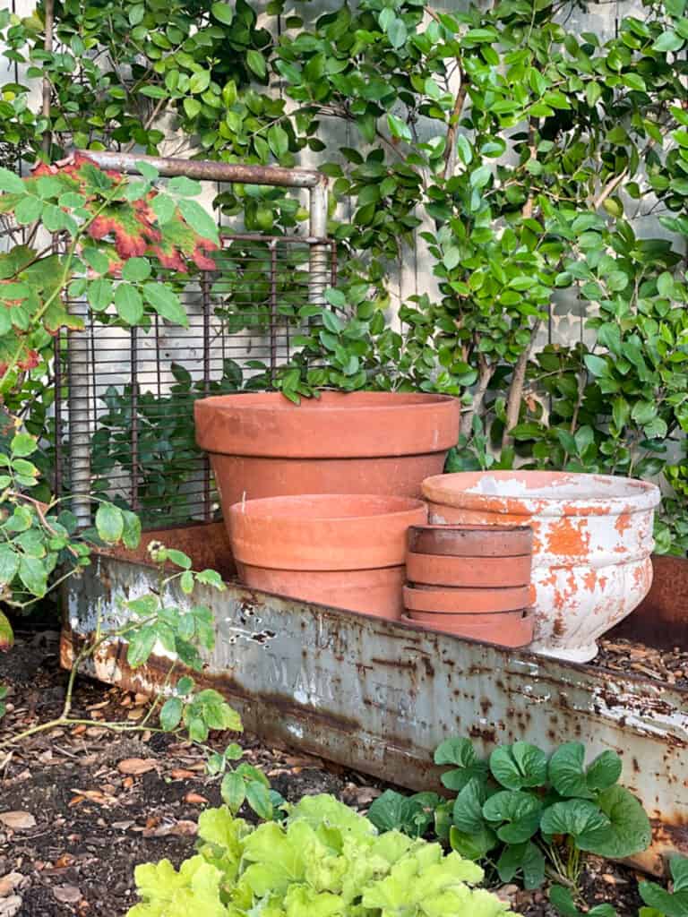 aged terracotta pots displayed in an old vintage metal raised garden bed