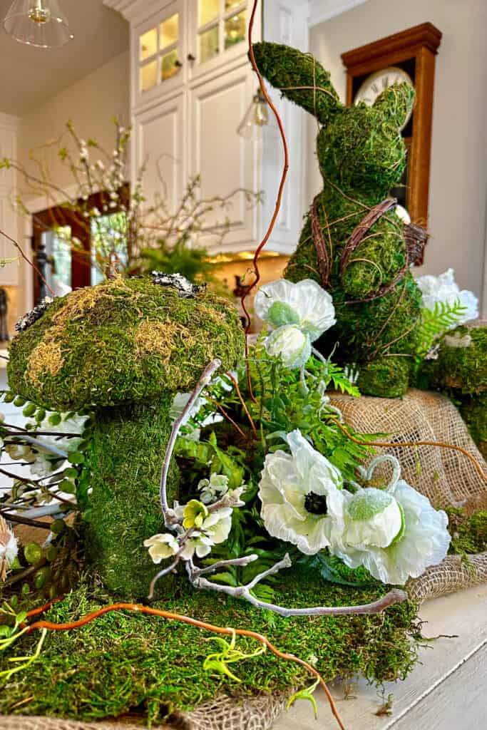 DIY Moss mushrooms and garden flowers adorn my nature inspired Easter Table
