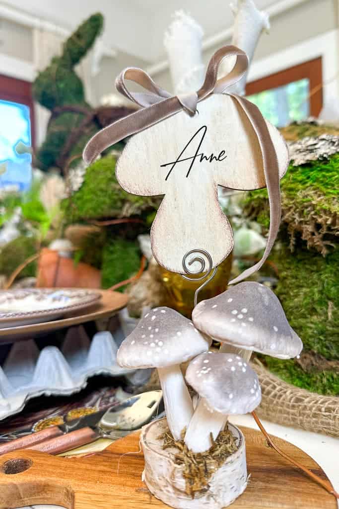 DIY Mushroom place cards on a Nature Inspired Easter table.