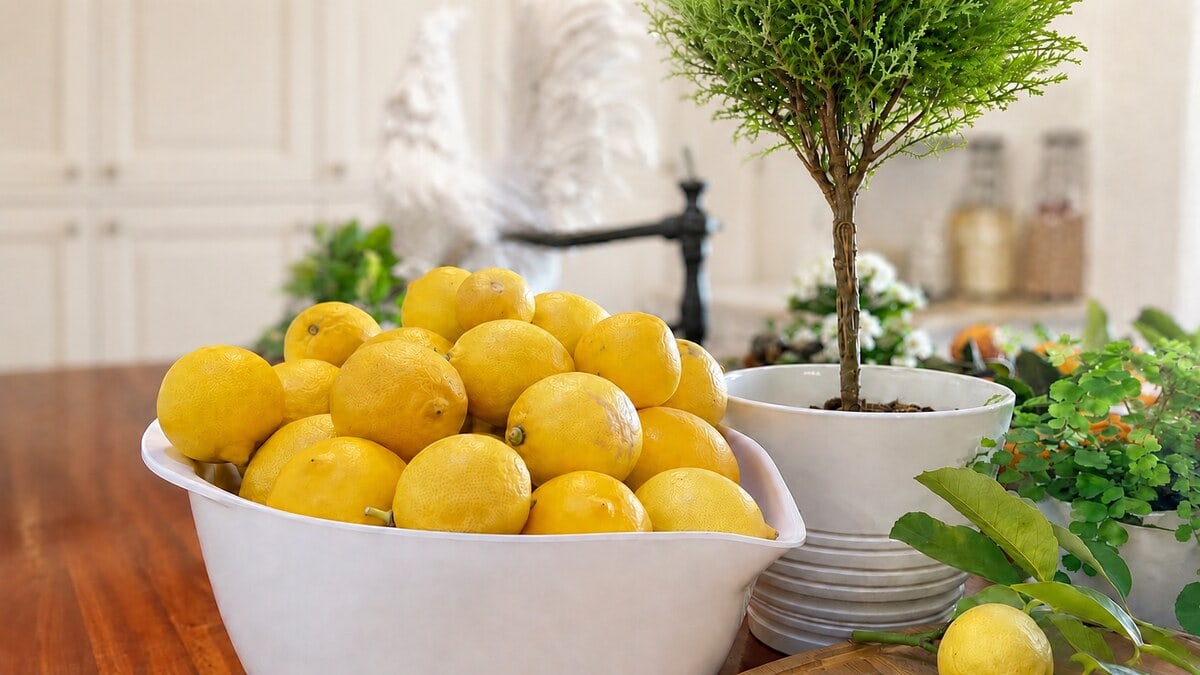 A white bowl of fresh lemons on a kitchen counter