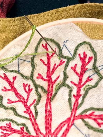 For an embroidery idea, I am stitching a backstitch on a garden apron.
