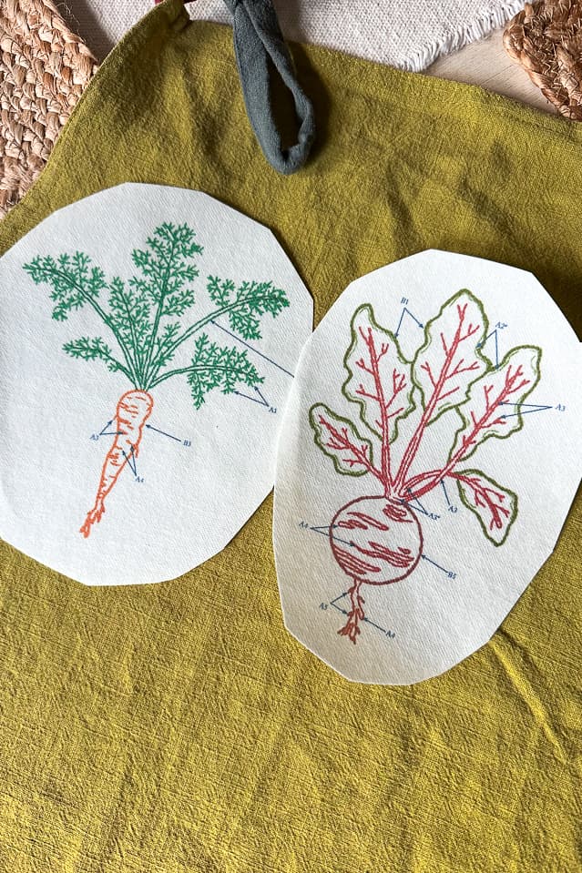 Veggies are printed on magic paper before applying to the apron for an embroidery idea.