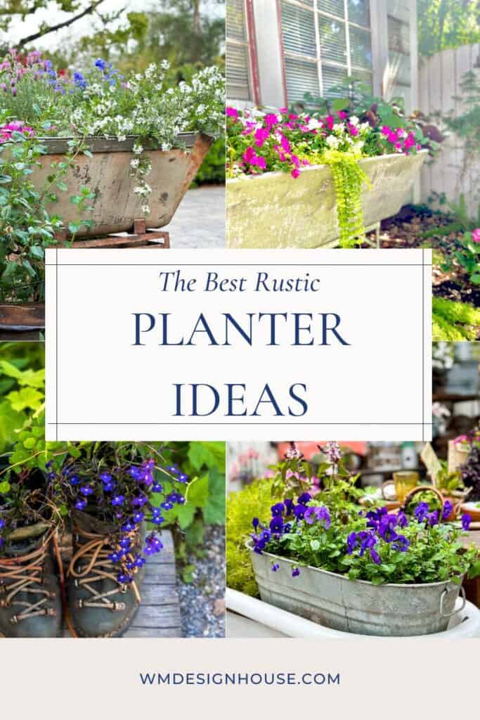 Four images of rustic planter ideas. 