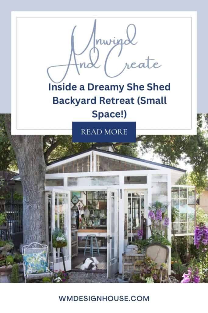 She shed pinterest pin- creating in small spaces. An image of a beautiful she shed. 