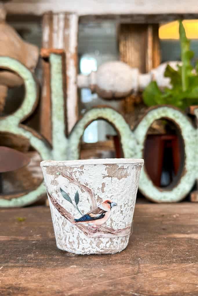 A bird decal has been placed on the peat pot for the DIY napkin rings.