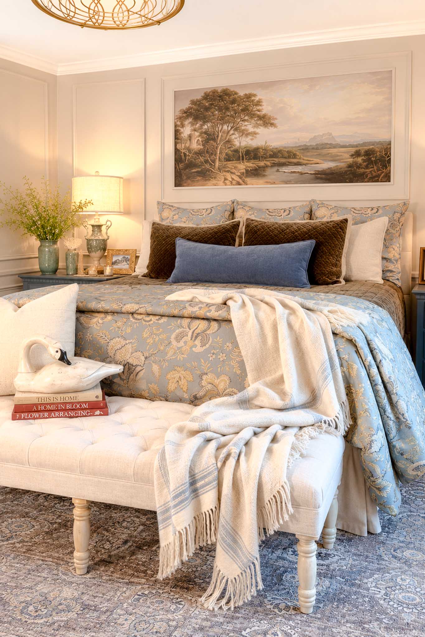 A cozy, elegantly decorated bedroom featuring a bed with patterned blue and gold bedding—perfect for summer decorating ideas—layered pillows, a white throw on a tufted bench, books, a mug, fresh flowers, a table lamp, and a landscape painting above the bed.